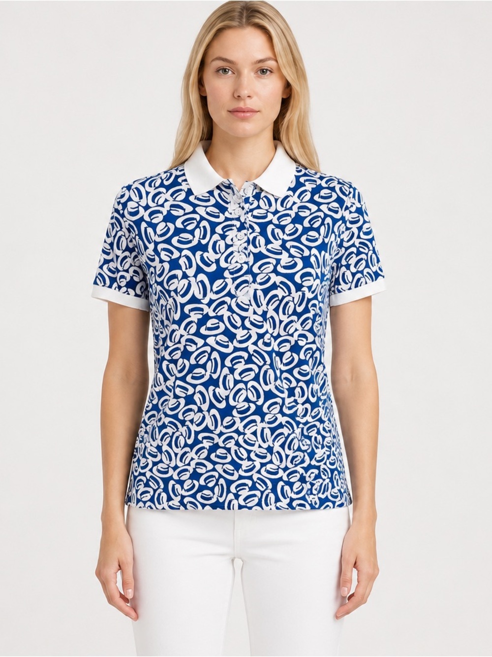 Lands' End Fedora Print Blue & White Pique Knit Polo Shirt Size Small (6-8)